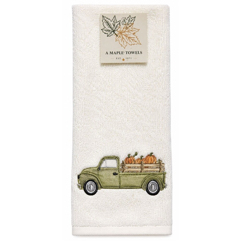 Thanksgiving Farm Truck White Hand Towels Set of 2 Embroidered Pumpkins